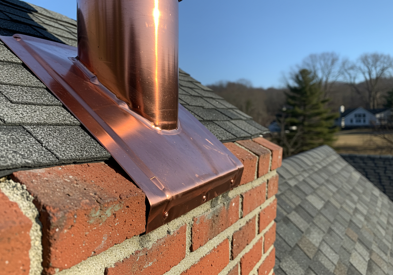 Failing chimney flashing on a Connecticut home