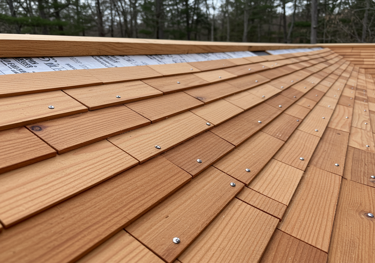 Cedar shake installation detail in a wooded Connecticut lot