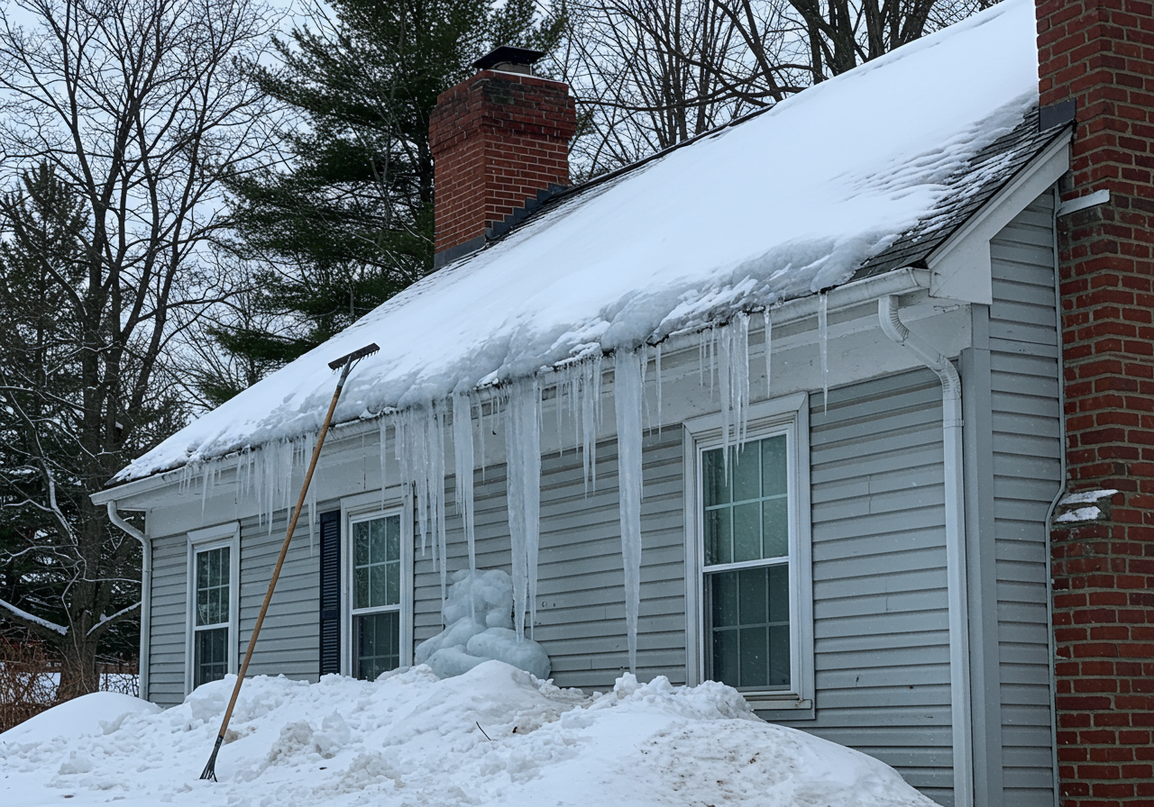 Ice buildup on a Newington roof during a Connecticut freeze-thaw cycle