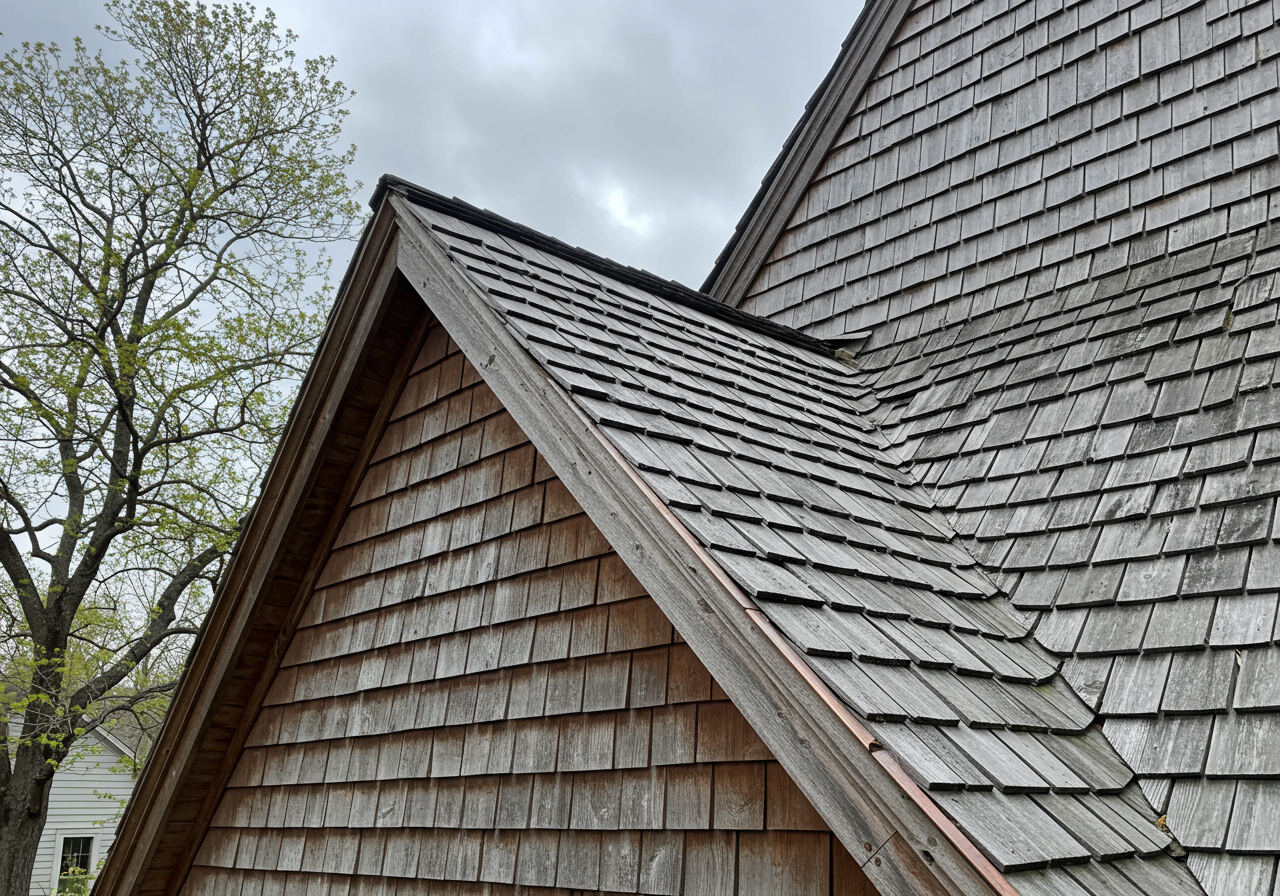 Cedar shake roofing on a historic East Hartford Colonial