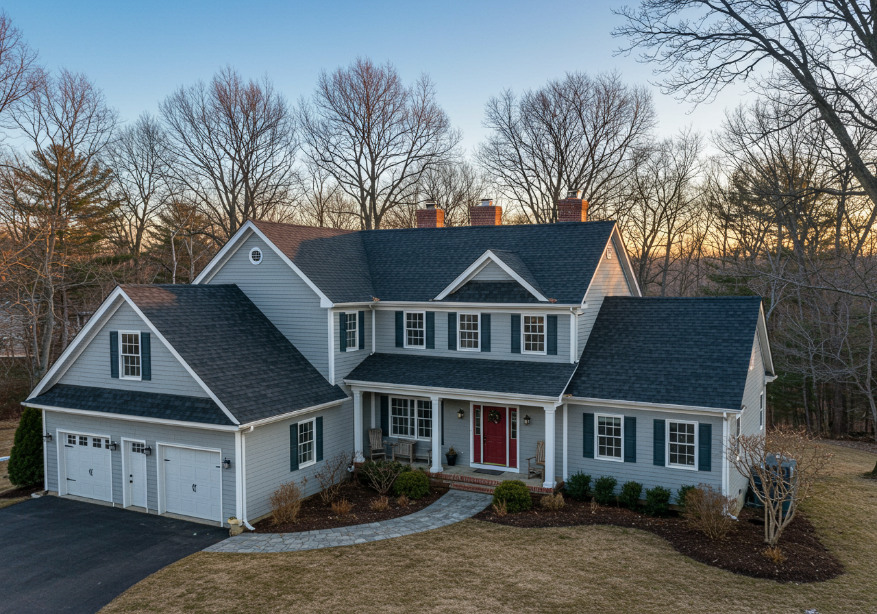 A luxury Fairfield home with new charcoal architectural shingles during a clear winter day