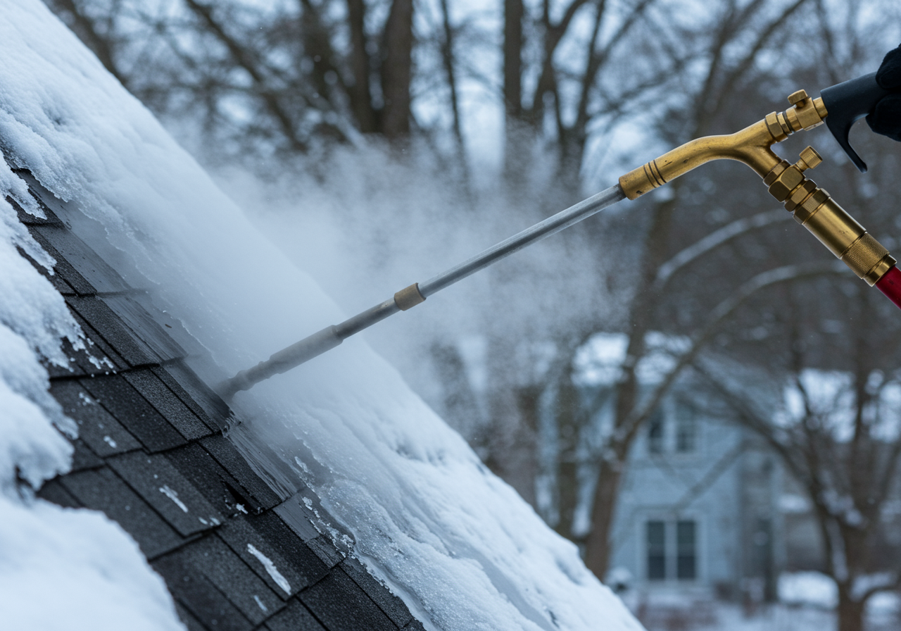 Icicles and ice buildup at the eaves of a Columbia, CT home
