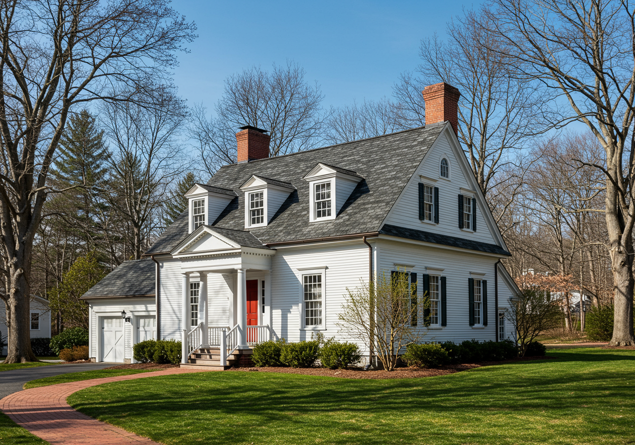 A classic Litchfield Federal-style home with architectural shingles complementing the historic architecture
