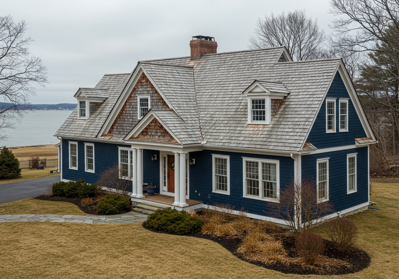 A close-up of weathered cedar shake shingles on a coastal Mystic home showing natural silver patina