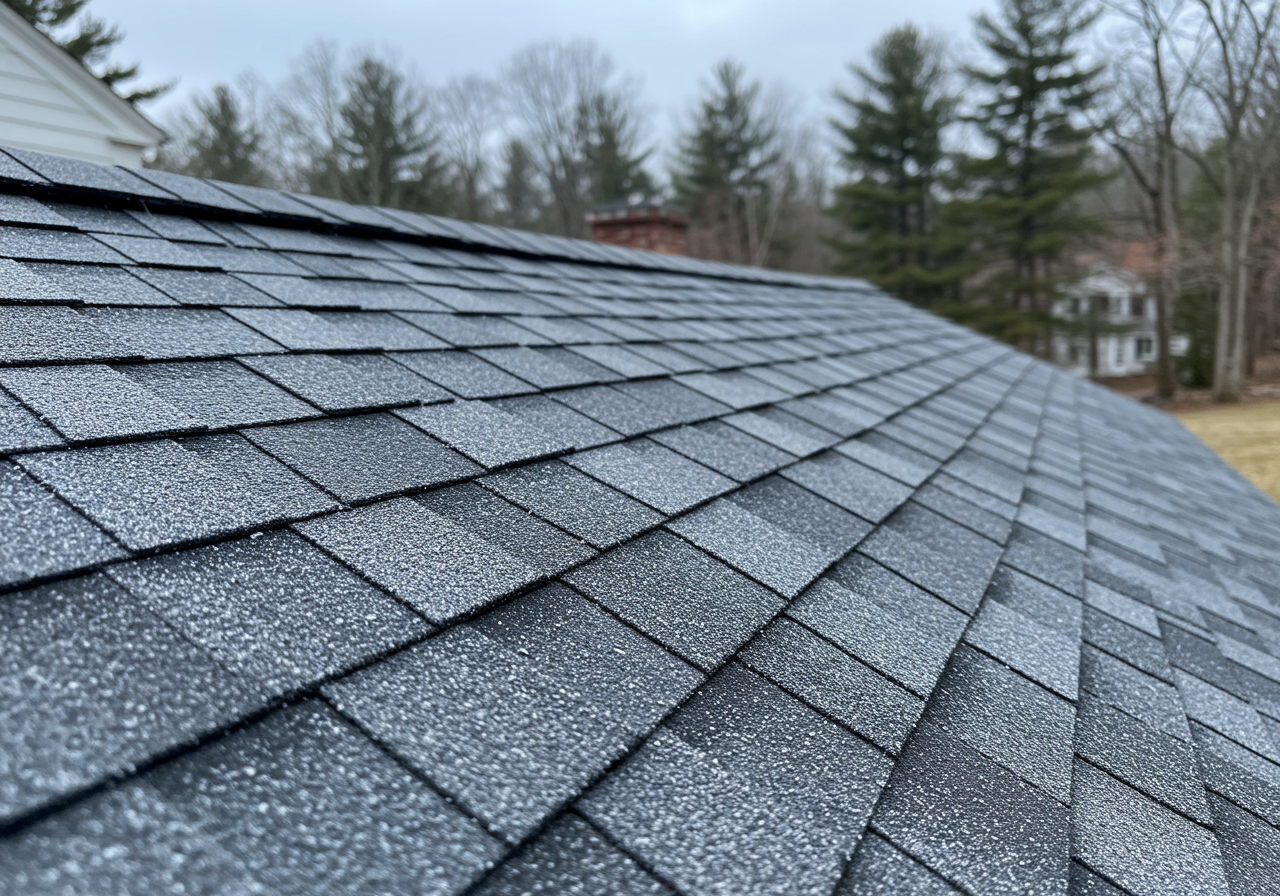 A comparison between a flat, weathered 3-tab shingle and a thick, charcoal-colored architectural shingle on a Woodbury home