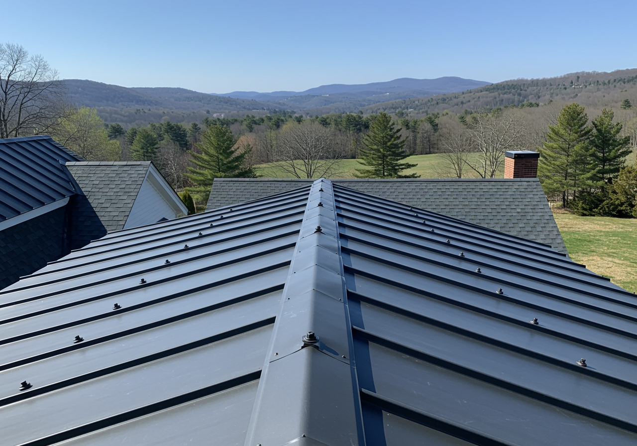 A hurricane-resistant metal roof installation in a Salisbury forest setting