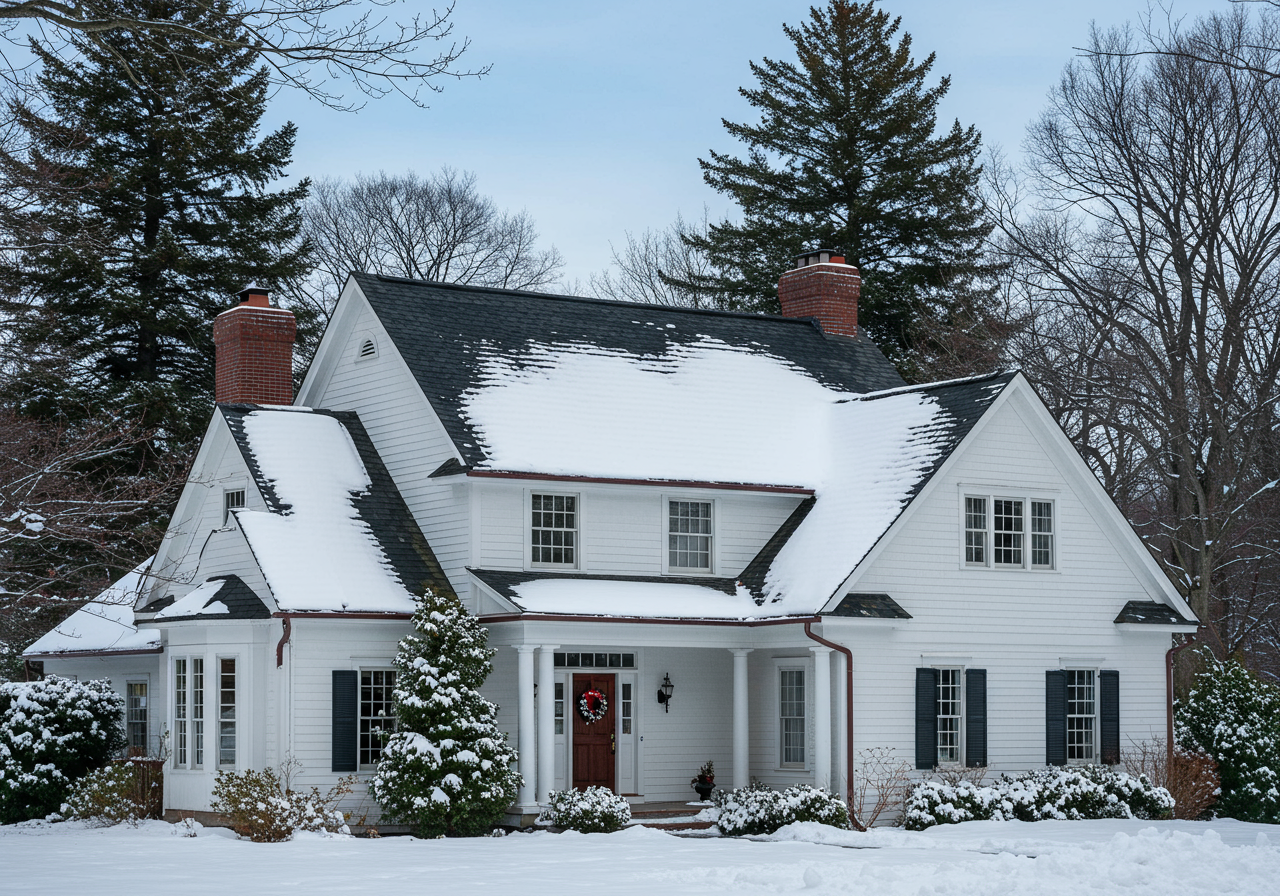 Snow concentrated in roof valleys near Binney Park–style rooflines