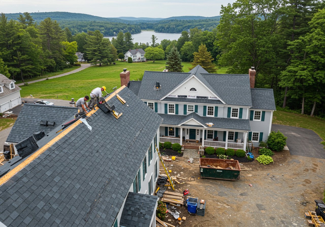 Professional roofing crew installing architectural shingles on a Winsted home