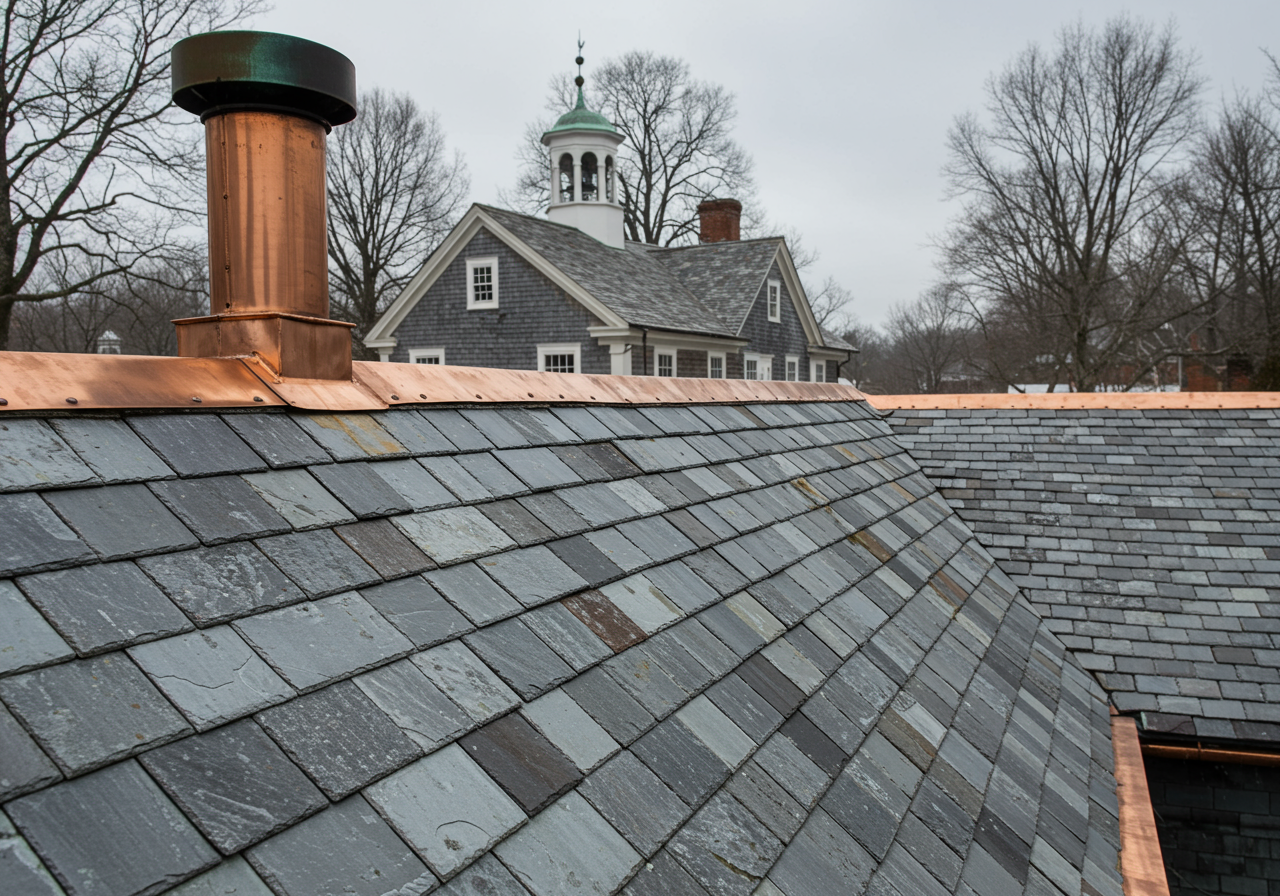 Historic slate roofing on a colonial home in Coventry, CT