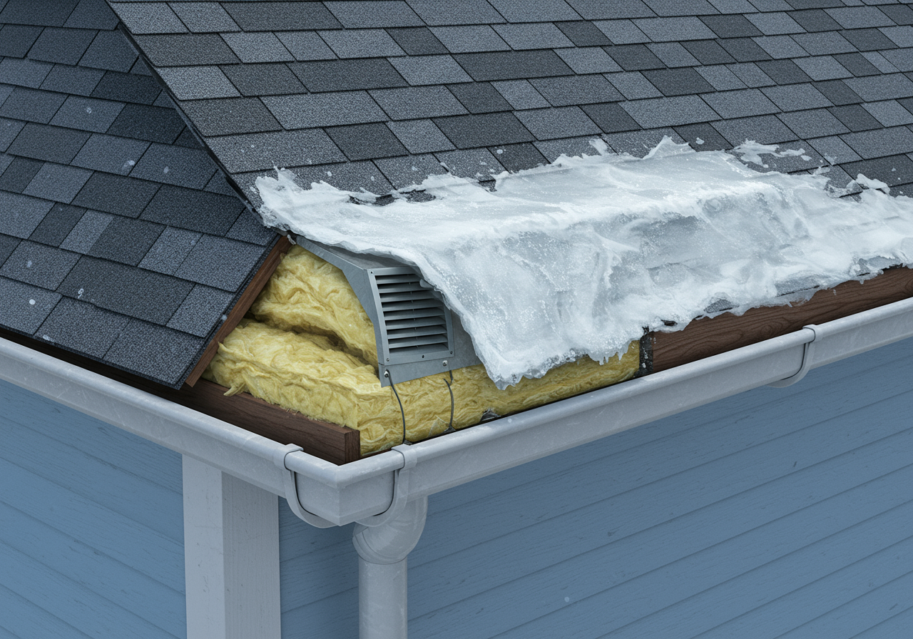 A detailed cross-section of a Stratford roof eave showing an ice dam forming over a soffit vent blocked by insulation