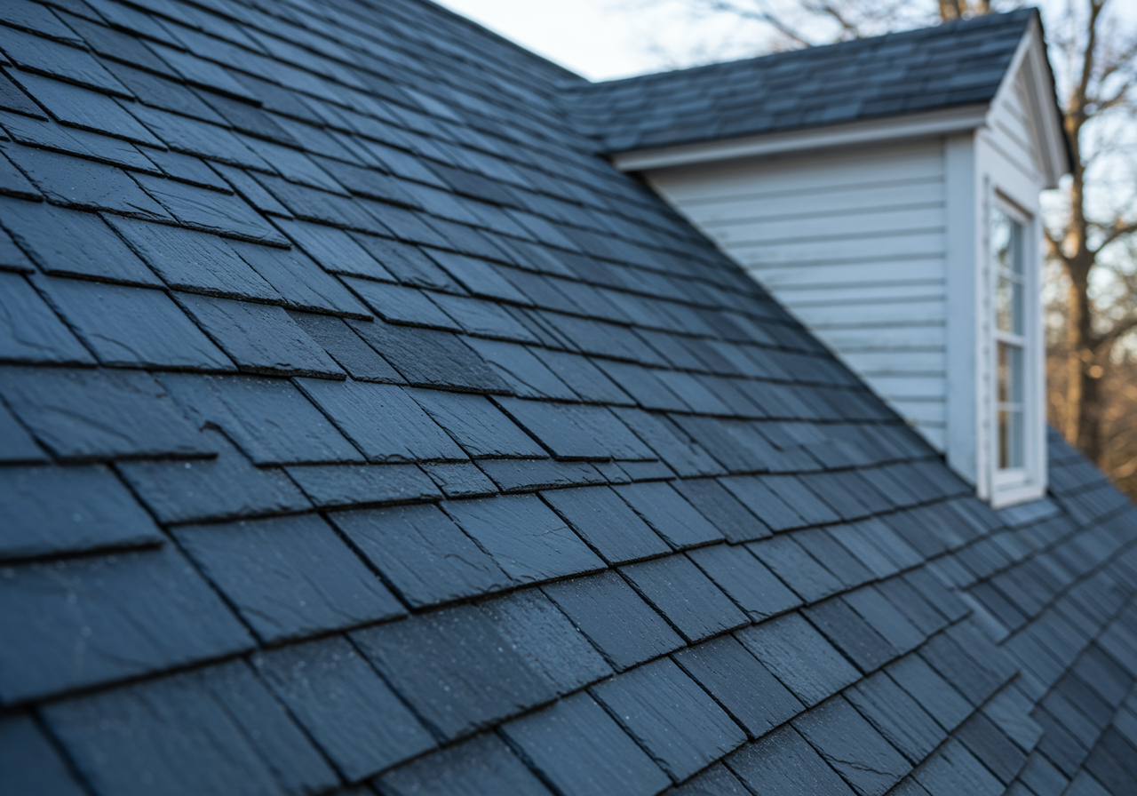 A close-up of charcoal gray synthetic slate tiles showing realistic texture and staggered edges