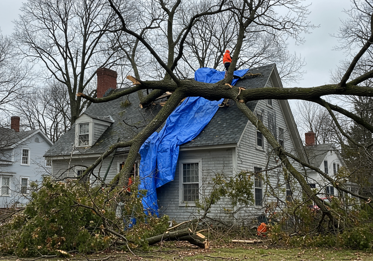 Fallen tree damage on a New Haven roof