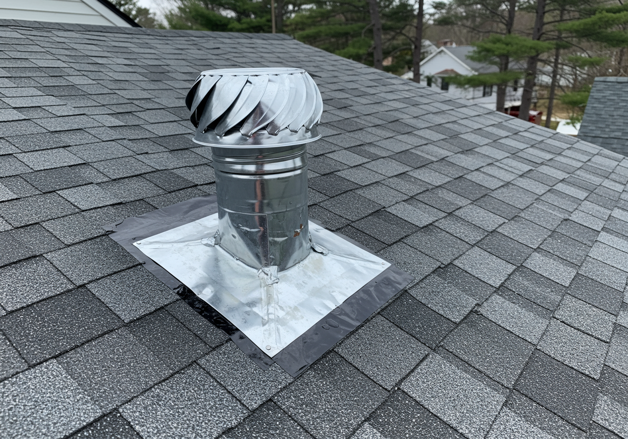 A cracked rubber vent pipe boot on a shingle roof showing signs of weather wear
