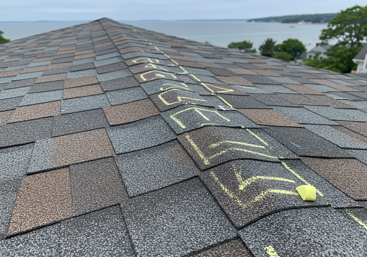 A modern coastal home in Westbrook with light gray architectural shingles reflecting the morning sun near the water.