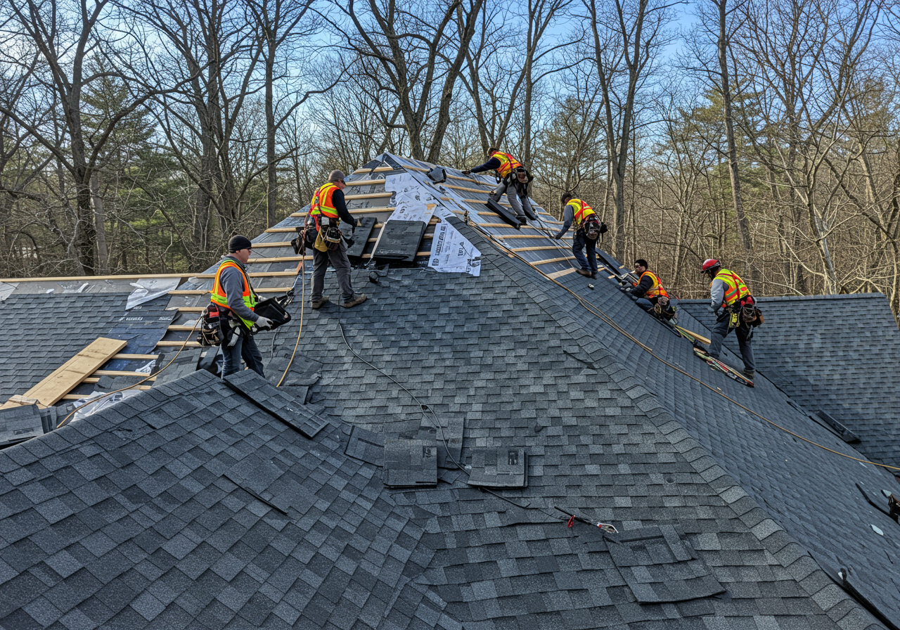 A close-up of a roofing nail driven too deep into a charcoal shingle, showing the mat damage that causes leaks.