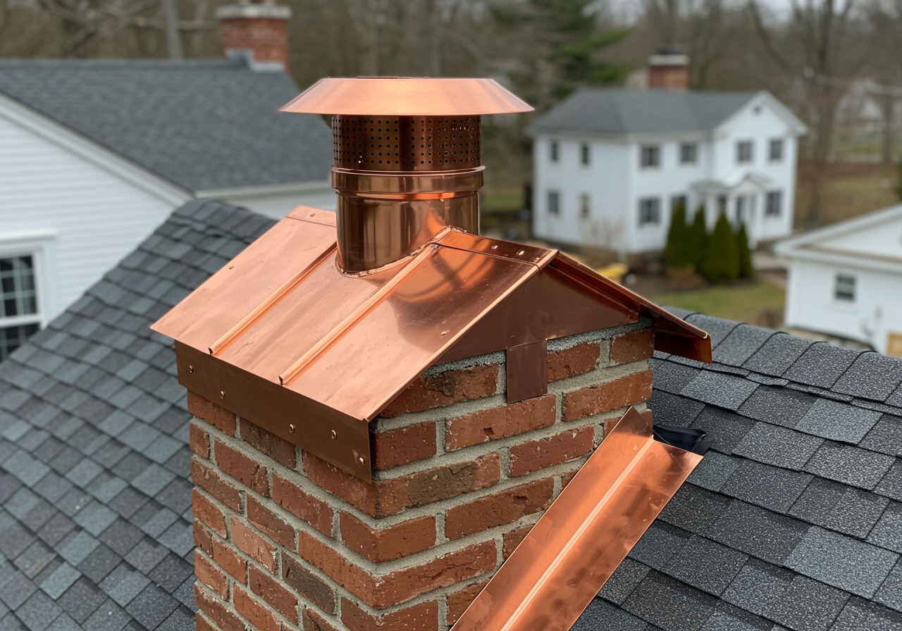 Close-up of copper step flashing being installed on a chimney