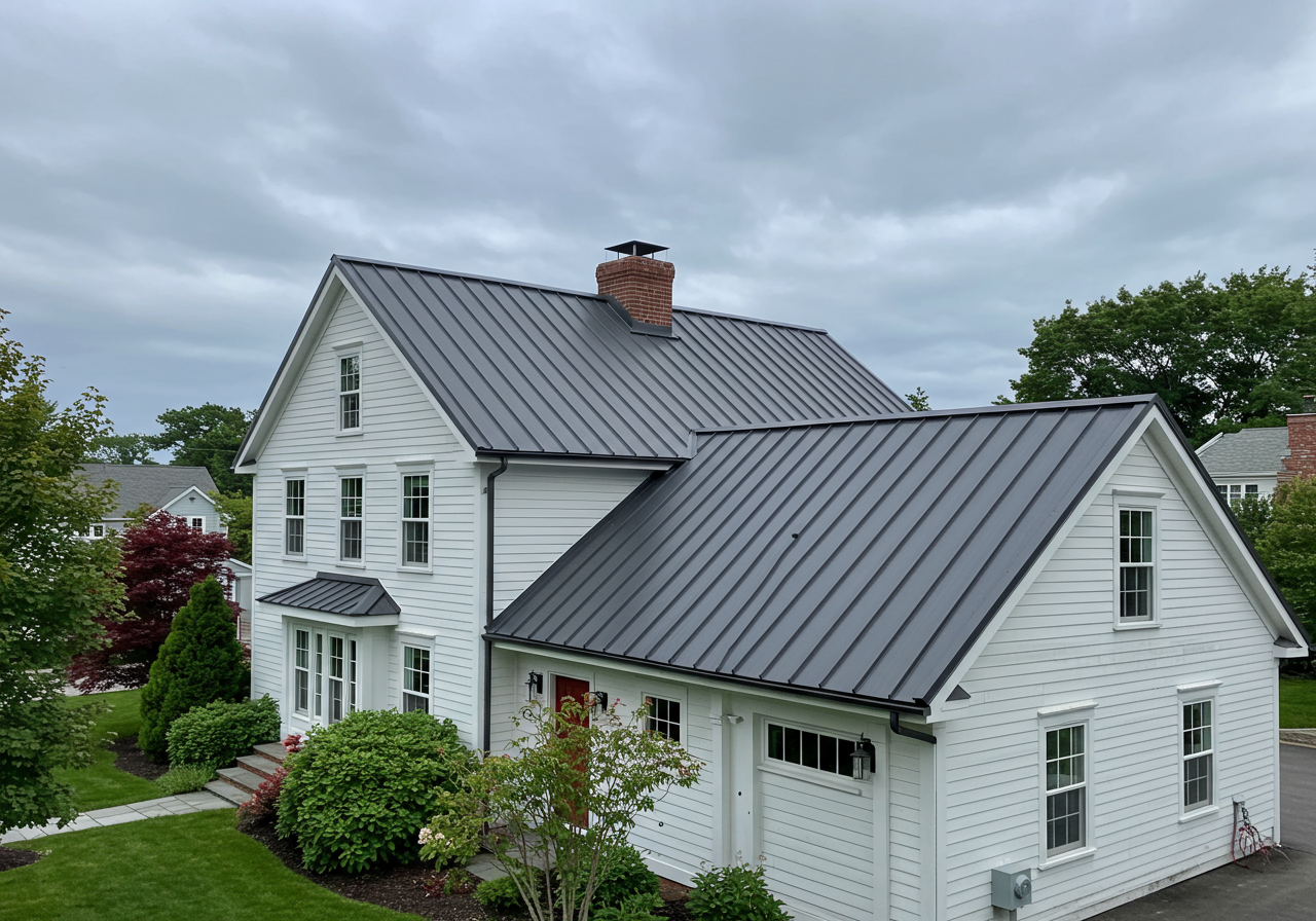 A matte black standing seam metal roof on a white Westport farmhouse