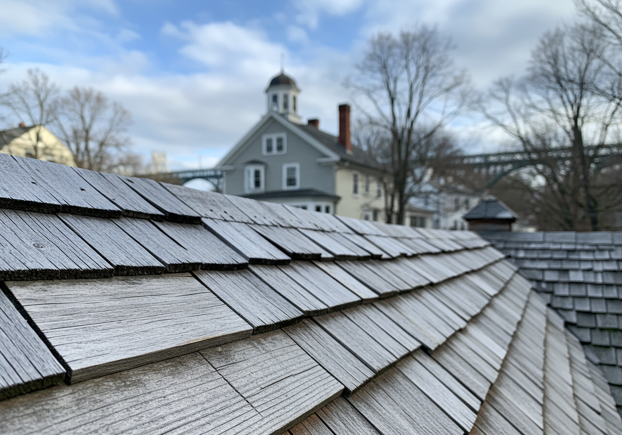A close-up of weathered cedar shake roofing on a traditional Connecticut home showing natural graying and texture