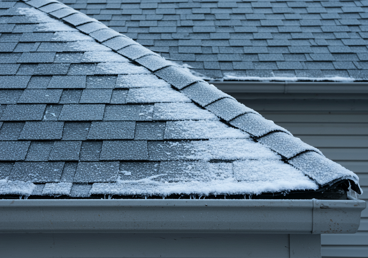 A snow-covered roof in Hampton, CT with visible ice damming along the eaves